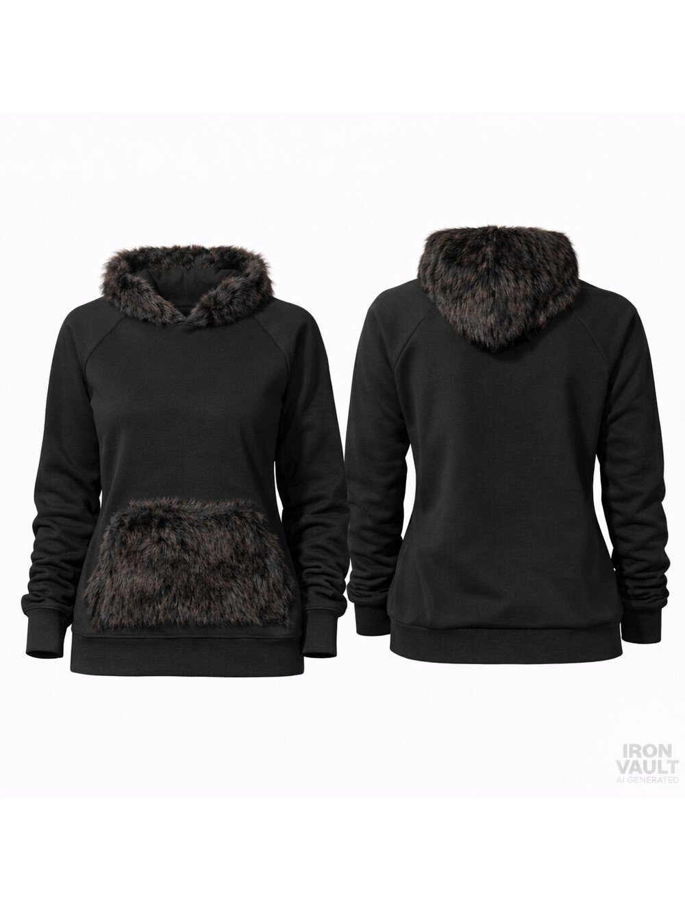 Riflessi Women's Black Faux Fur Trim Hoodie Sweatshirt Pullover Size S NWT